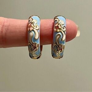 New Soft Blue & Pink Floral Cloisonné Hoop Earrings